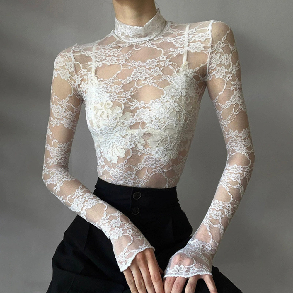 Zara Sheer Lace Long Sleeve Summer Sun Protection Slim Fit Half High Neck Blouse